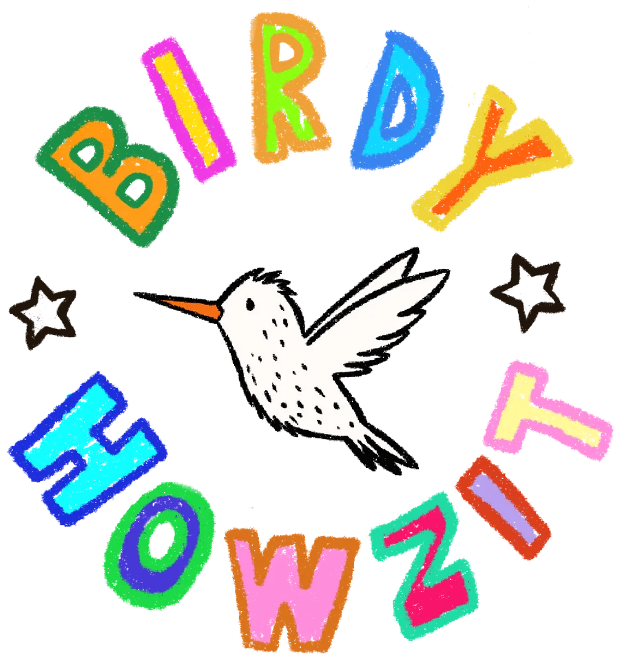 Birdy Howzit logo: a hand-drawn hummingbird inside the words Birdy Howzit